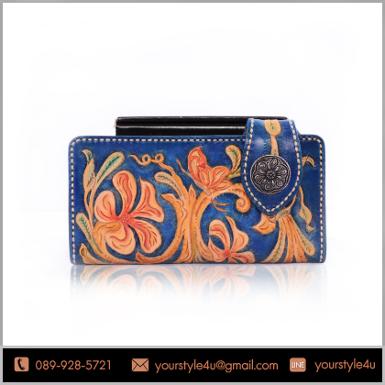กระเป๋าสตางค์หนังแท้ Handmade 100% ลายนูน 3มิติ ลวดลาย สีน้ำเงิน